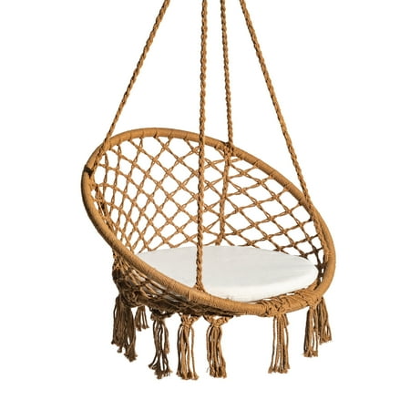 Bliss Hammocks BHC-102-BRN 31.5  Wide Macramé Swing Chair w/ Fringe lining & Padded Cushion  Eco-Friendly Cotton & Bohemian Style Design  300 Lbs Capacity (Brown)