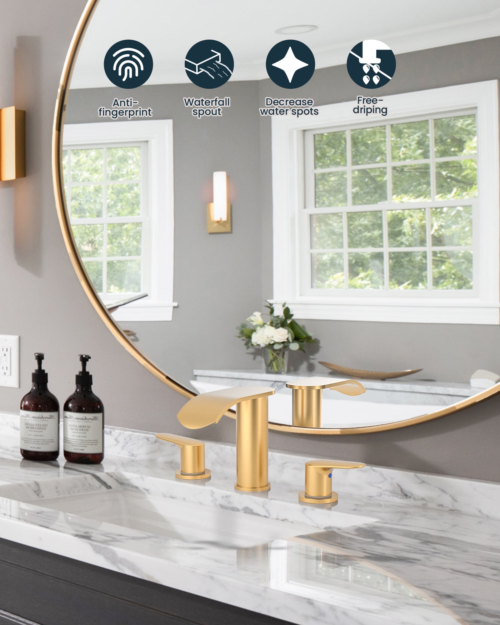 WOWOW Waterfall Bathroom Faucet 3 Holes 8Inch Widespread Bathroom Sink Faucet