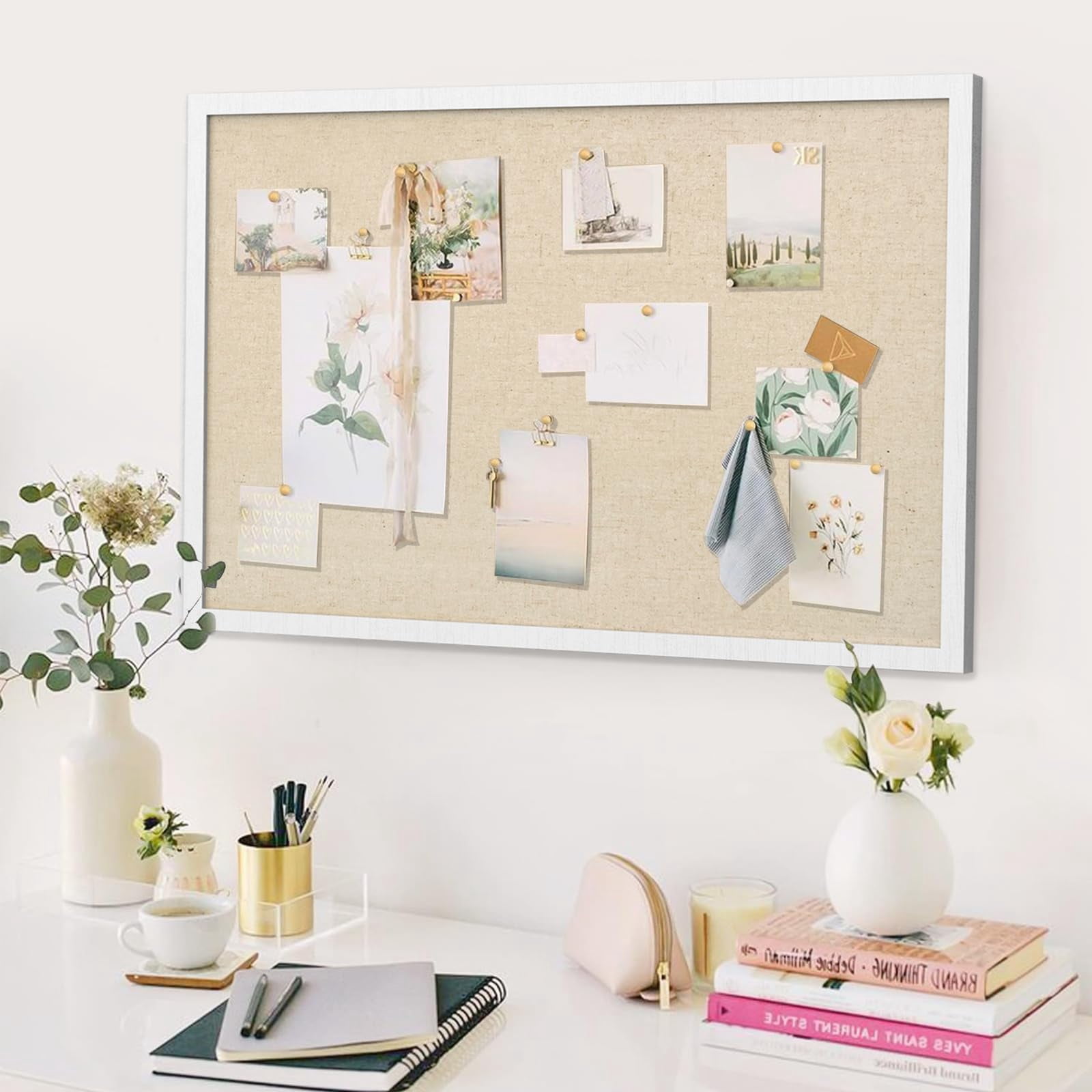 Sfugno Large Bulletin Board 30x20 inch with Linen Wood Boards Wall Decor Hanging Pin Wood Framed Display Bulletin Cork Photo Picture Board Light for Room School Office,White