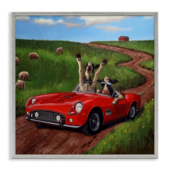 Stupell Industries Eclectic Road Trip Rural Cow Farmland Gray Framed Giclee Art, 17 x 17, by Lucia Heffernan