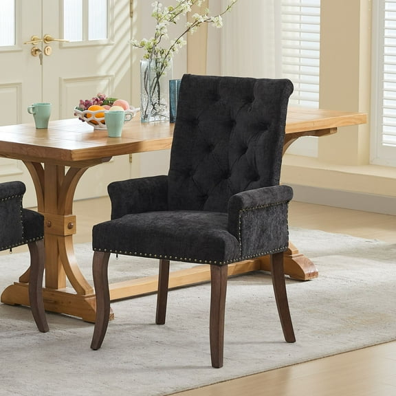 Upholstered Chenille Fabric Accent Dining Chair, Curved Solid Wood Legs, Tufted Club Arm Chair for Dining Room - Black