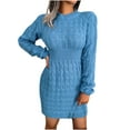 thumbnail image 2 of Azrian Women Casual Long Sleeve Solid Waist Round Neck Slimming Knitting Hip Wrap Dresses, 2 of 6