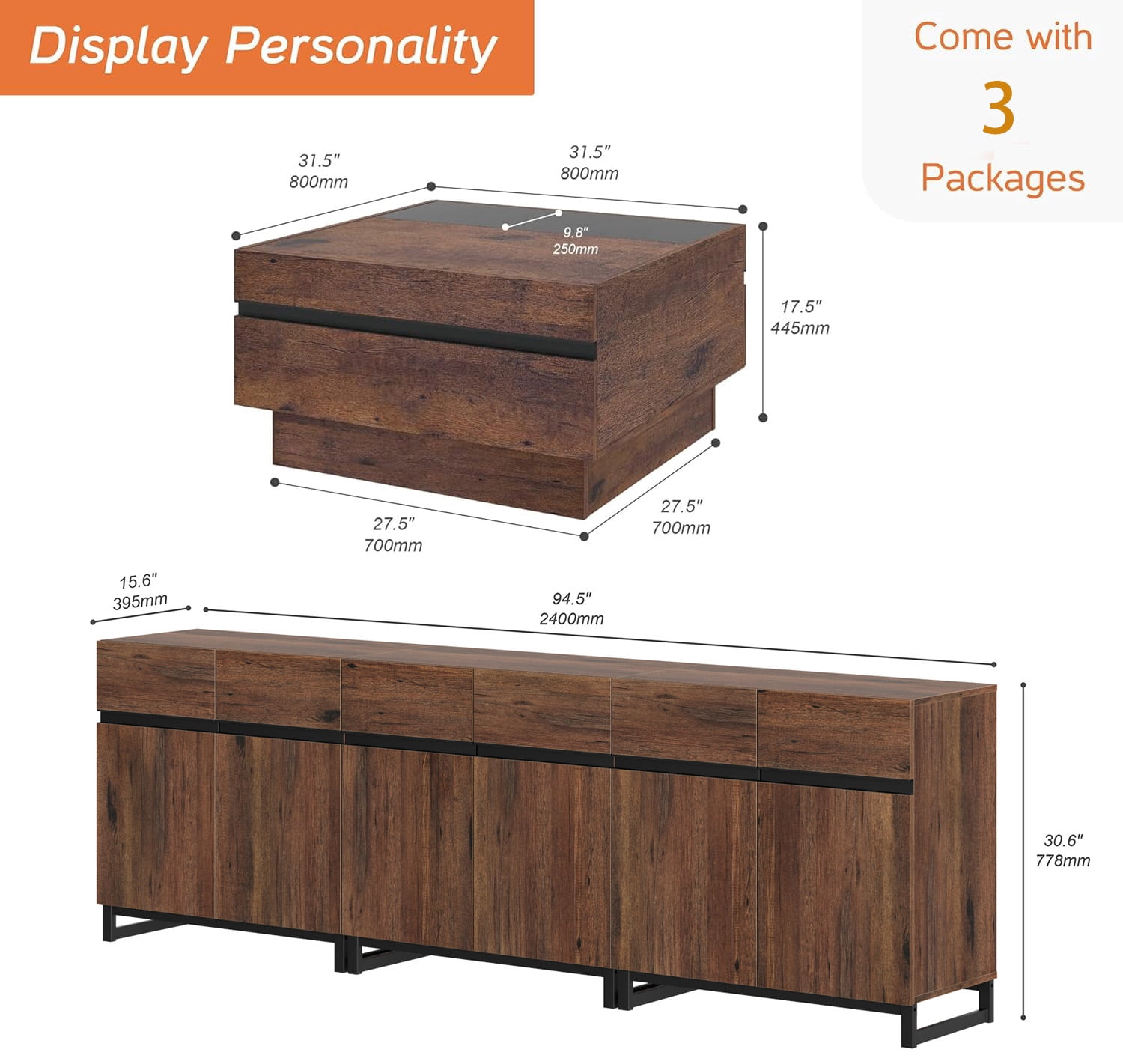 WAMPAT 2-Piece Living Room Set, 94.5" Modern TV Stand Entertainment Center, Square Coffee Table with Tempered Glass Top & 2 Storage Drawers, Brown