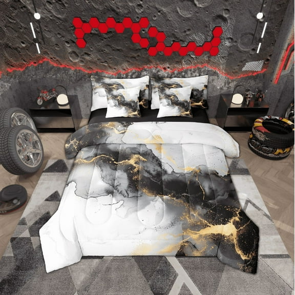 Black and Gold Bedding Comforter Sets 7 Pieces Watercolor Marble Bed in a Bag, Abstract Marbling Twin Bedding Sets Stone Pattern Comforter Set, Mountain Fluid Foil Print Bedding Sets & Collections