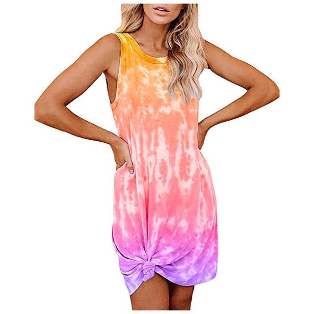 Pompotops Robe Mini Sans Manches à Col Rond Imprimé Teinture sur Nœuds pour Femmes Grande Taille