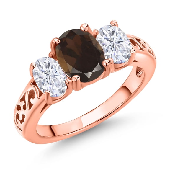 Gem Stone King 18K Rose Gold Plated Silver Brown Smoky Quartz and White Moissanite Filigree Style 3 Stone Ring for Women (2.20 Cttw, Oval 8X6MM and 6X4MM) (Size 7)