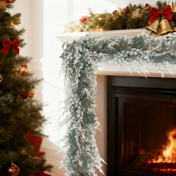 DAMAI 5.9 ft Mixed Snowy Norway Spruce & Pine Branch with Shimmy Berries Mantle Christmas Garland, Winter Flocked Garland for Christmas Holiday Seasonal Indoor/Outdoor Home Decor Fireplace