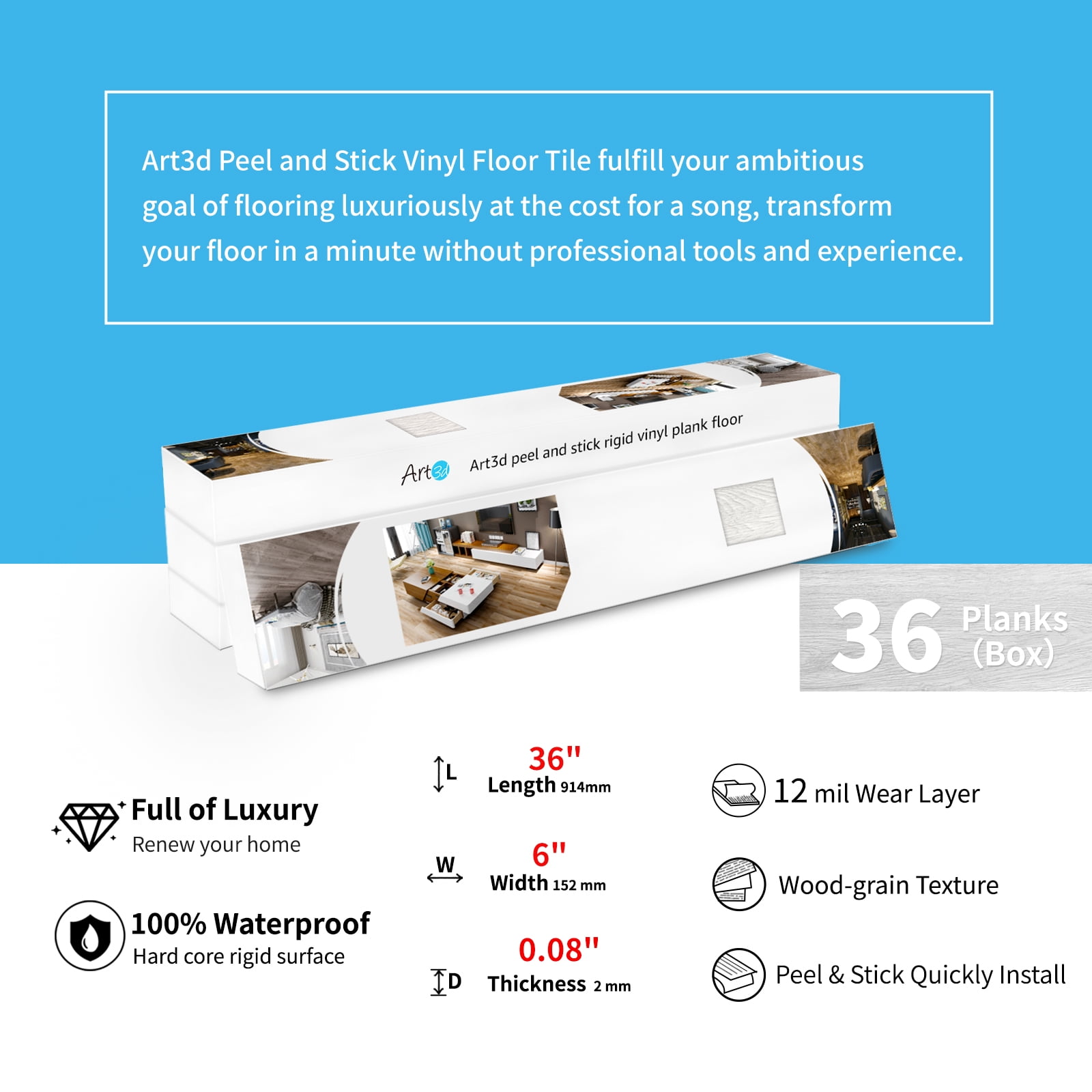 Art3d Self-Adhesive Flooring Peel and Stick Floor Tile Vinyl Wood Plank 36-Pack 54 Sq.Ft-White Washed