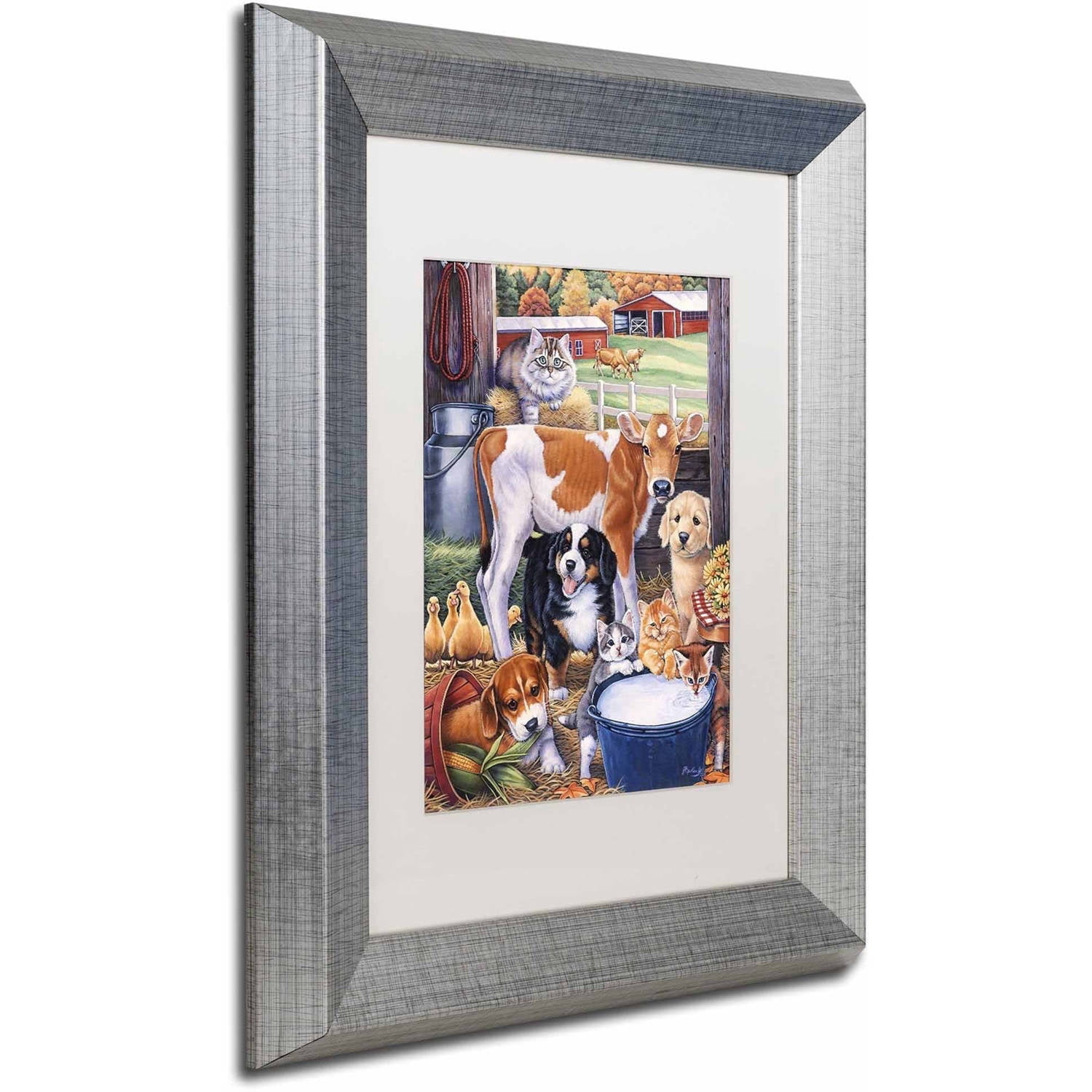 Trademark Fine Art 'Barn Pals' Canvas Art by Jenny Newland, White Matte, Silver Frame