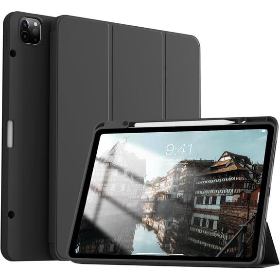 Soft TPU Tri-Fold Flip Cover for iPad Air 13" M2/M3/M4 / iPad Pro 12.9" 4/5/6 Gen, Slim Smart Case with Apple Pencil Slot Auto Sleep Wake, Black