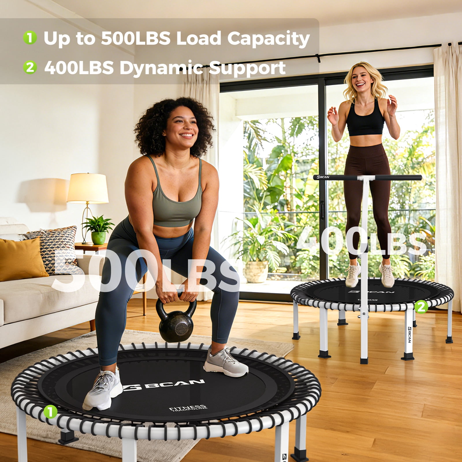 BCAN BT4 40" Soft Land Pro Adult Bungee Rebounder Trampoline, 500lb Capacity, Adjustable Tension Bungees, Exercise Trampoline for Adults, Phone Holder & 2 Pairs Socks| FED Fitness