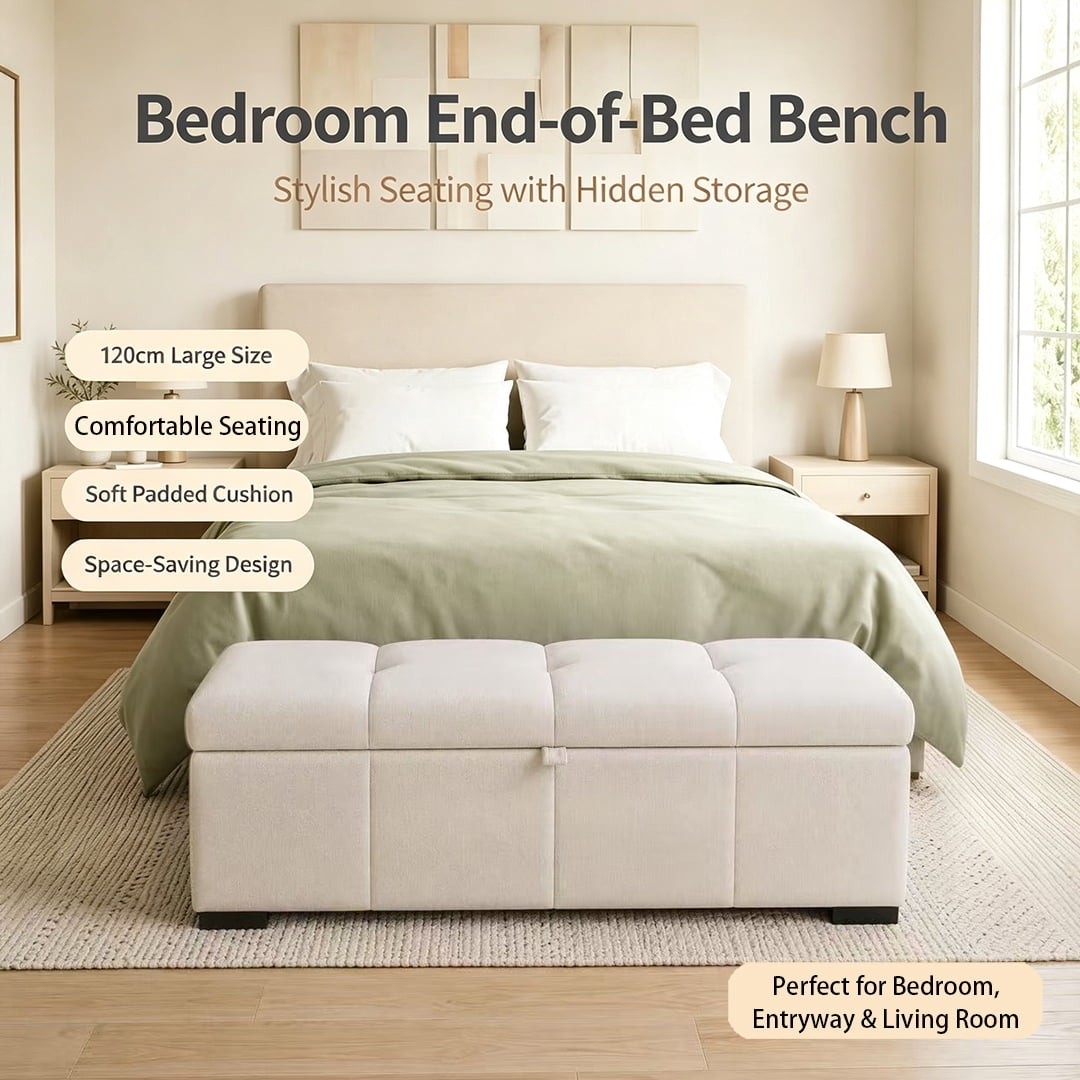 Modern Bed End Bench 47.2 Inch, Upholstered Storage Ottoman for Bedroom and Living Room, Rectangular Storage Bench for Entryway and Office, Beige