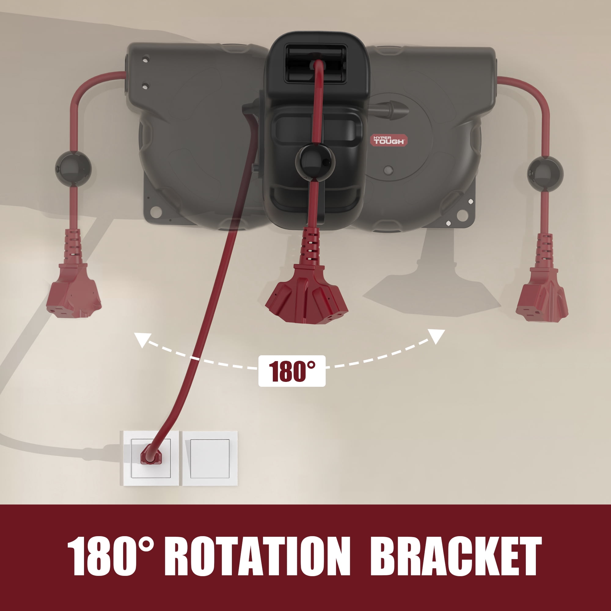 Hyper Tough 33' Auto-Retractable Extension Cord Reel, 16/3 AWG SJTW Cord, Grounded Triple Tap Outlet, Black/Red