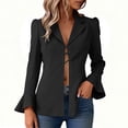 thumbnail image 5 of Women's Elegant Blazers Lapel Neck Ruffle Long Sleeve Business Blouse Button Down Deep V Neck Bell Sleeve Office Suit Jackets, 5 of 6