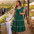 thumbnail image 2 of Agnes Orinda Women's Plus Size St. Patrick's Day Boho Dresses Sweetheart Neck Tiered Ruffled Short Sleeve Tiered Pom Pom Flowy Summer A-Line Midi Sundress 1X Dark Green, 2 of 8