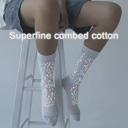 Women Mens Cotton Reflective Shining Stars Socks Long Crew Socks Outdoor Sports Running Stockings for Workout, Cosplay, Daily Use White