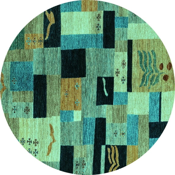 Ahgly Company Machine Washable Indoor Round Abstract Turquoise Blue Modern Area Rugs, 4' Round