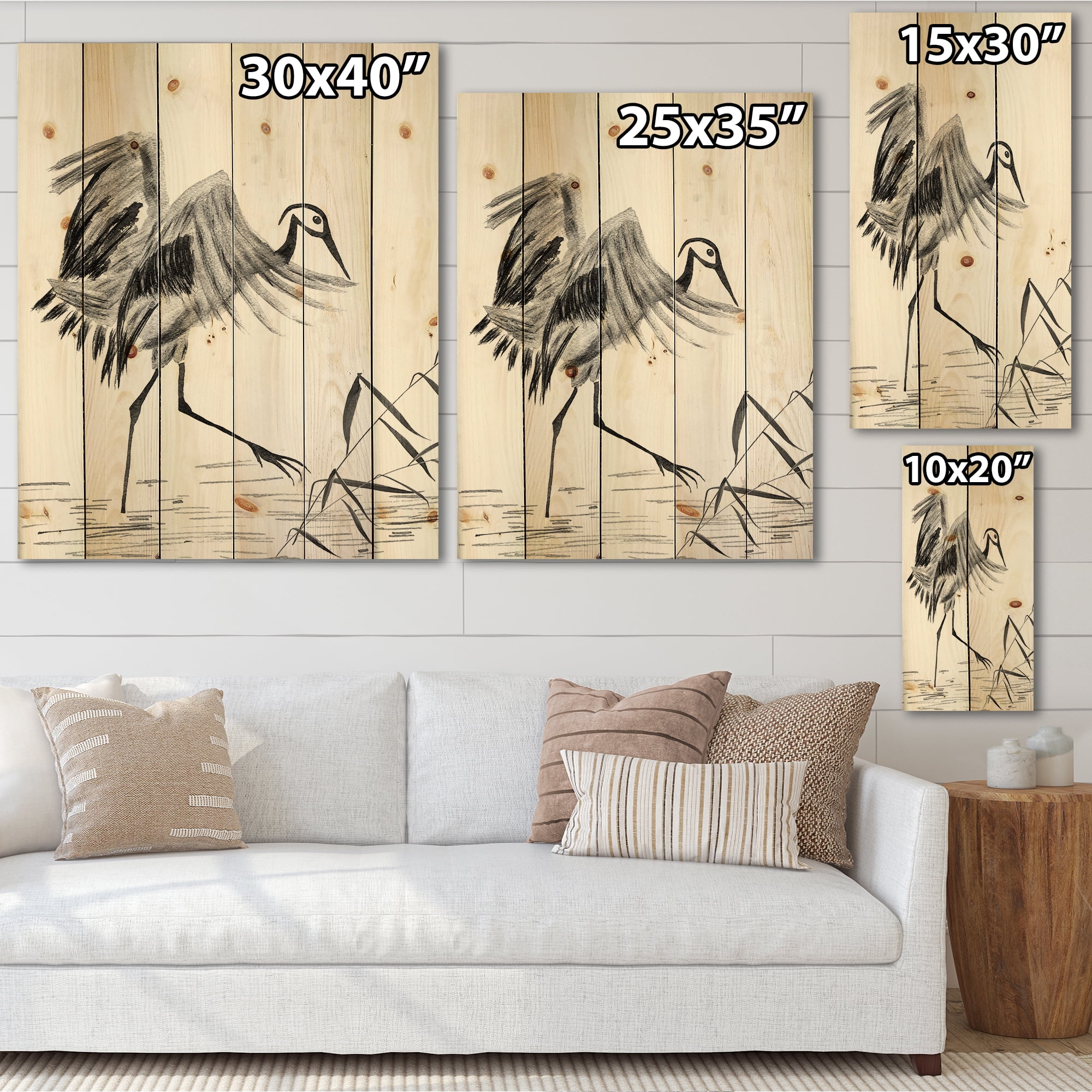 Designart 'Monochrome Japanese Oriental Crane Bird' Traditional Print on Natural Pine Wood