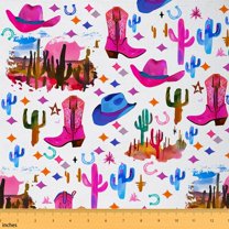 Homewish Pink Cowgirl Hats Boots Fabric by the Yard 2 Yards, Cartoon Western Cactus Sewing Fabric, Watercolor Artwork Fabric for Sewing, Luxury Bedroom Decor
