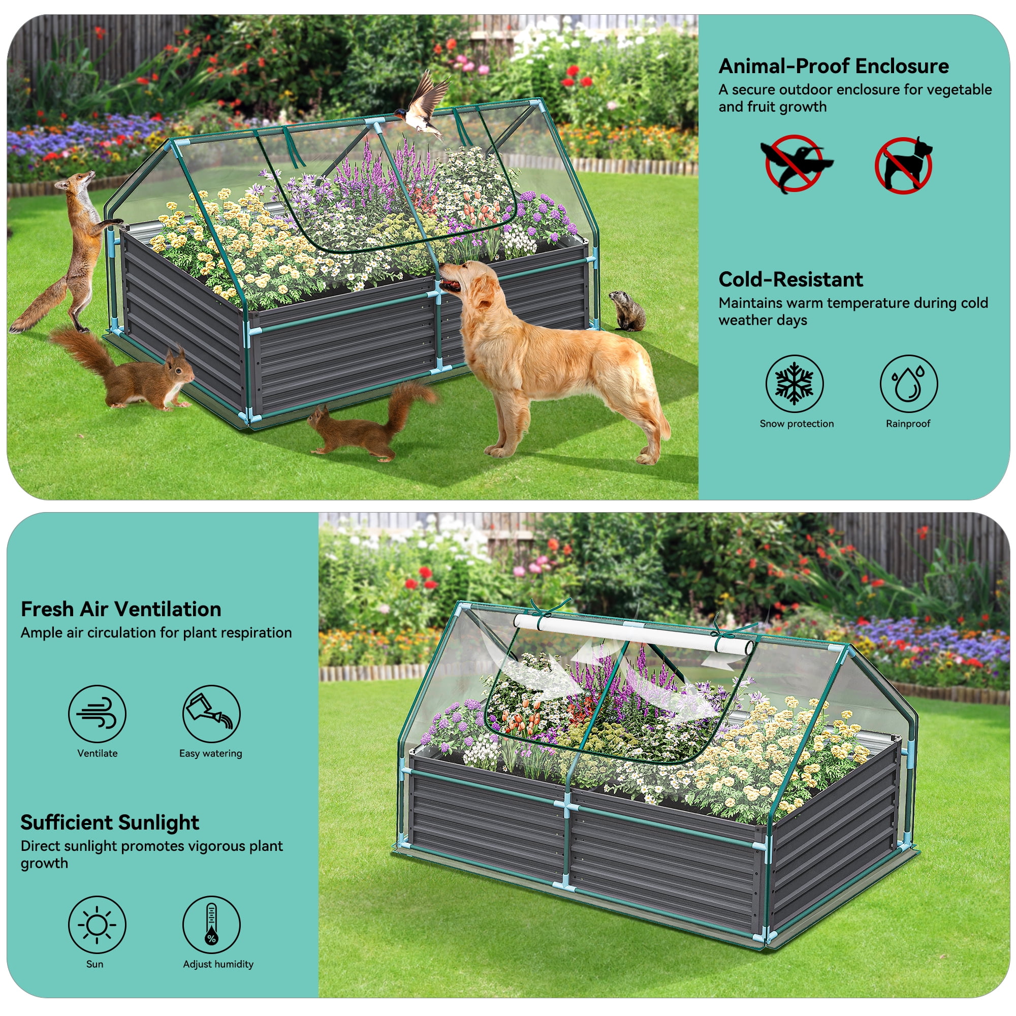 Dextrus 7.5x4x4FT Raised Garden Bed with Cover Extra Large Metal Planter Box Outdoor Flower Bed with Mini Greenhouse 2 Zipper Screen Windows for Outdoor Growing Vegetable,Ttransparent