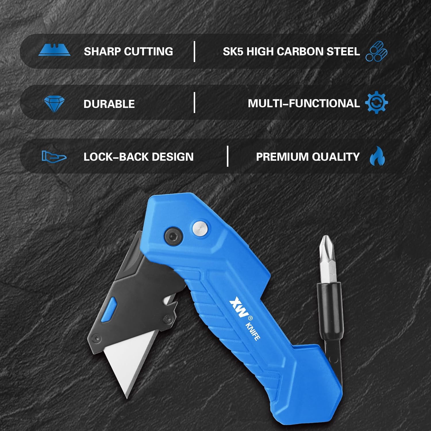 Folding Utility Knife with Screwdriver, Heavy Duty Zinc Alloy Lock-back Cutter
