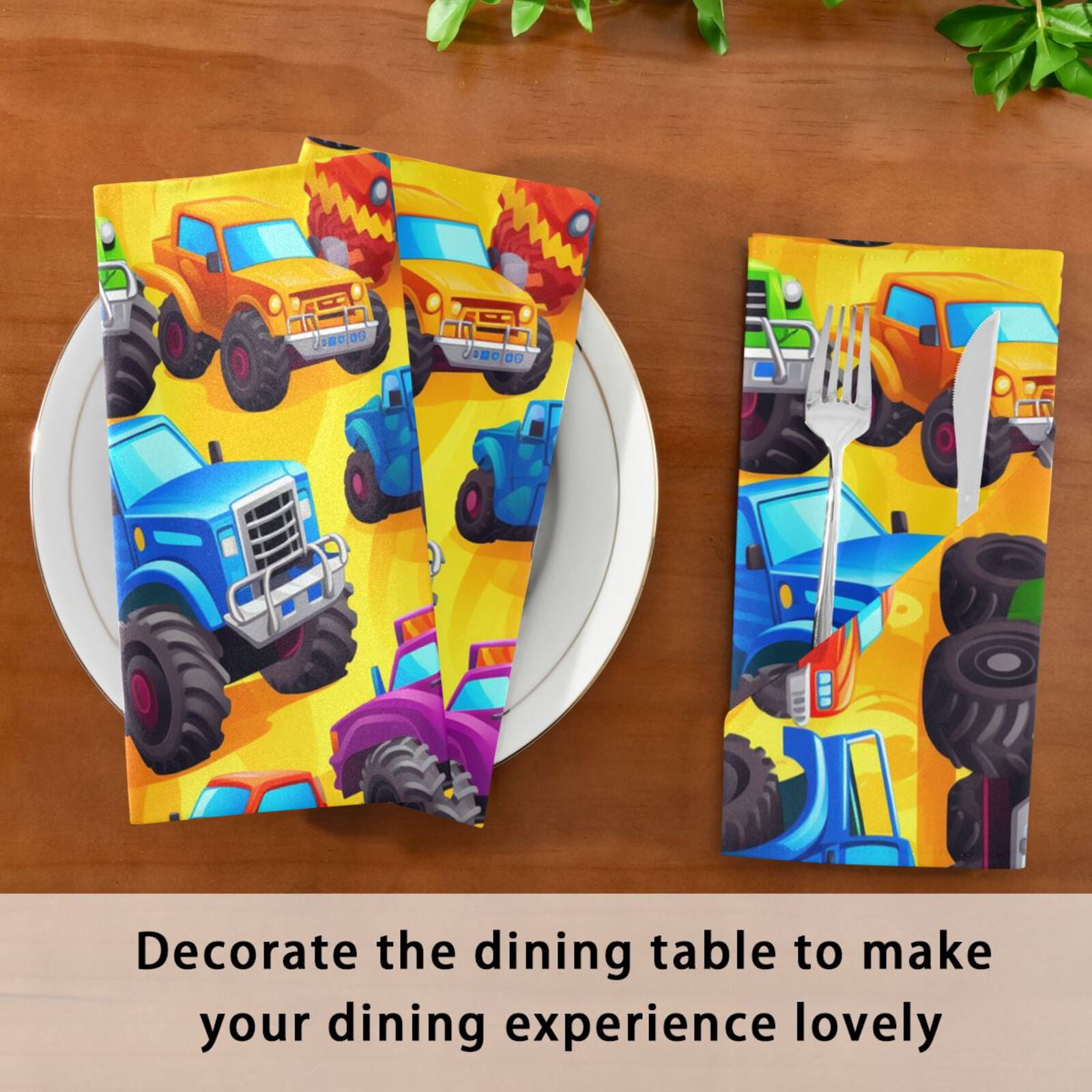 JSTEL Trucks Cartoon Cloth Napkins Set of 6, 20x20 Inch Washable and Reusable Napkin for Decoupage Dinner Party Everyday Use
