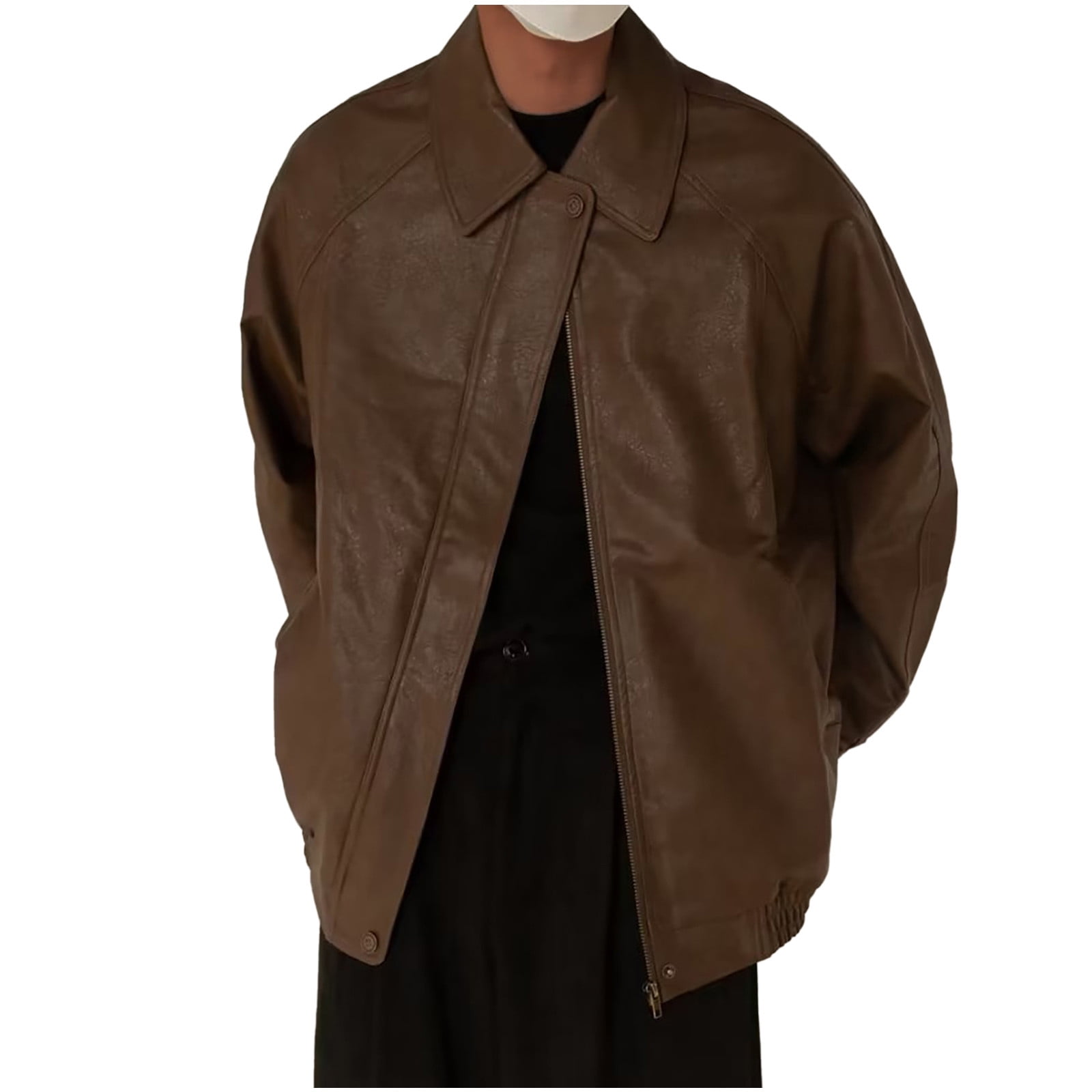 Awdenio Leather Jacket for Men Zipper Classic Vintage Button Loose Fit Lapel Collar Heavyweight Windproof Motorcycle Jacket Coat