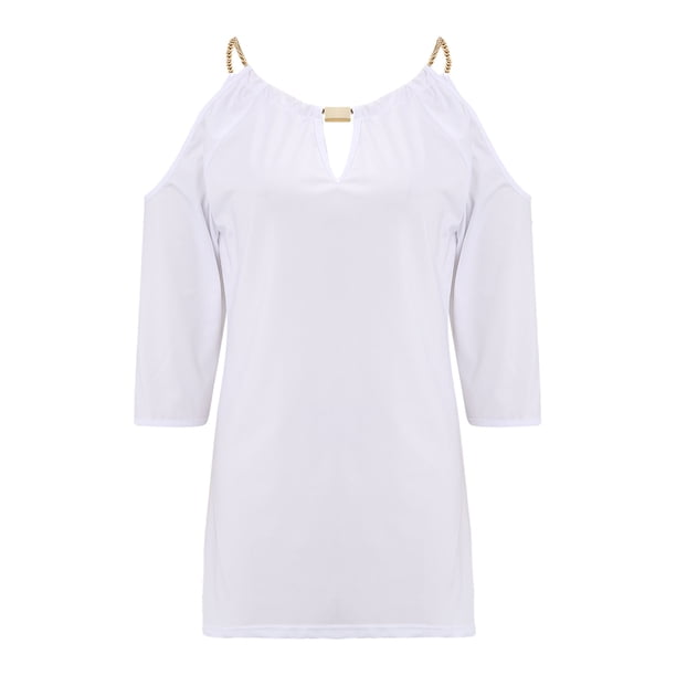 VISgogo - Camiseta informal de media manga para mujer, a la moda, de color sólido, con hombros descubiertos y cuello en V VISgogo moda