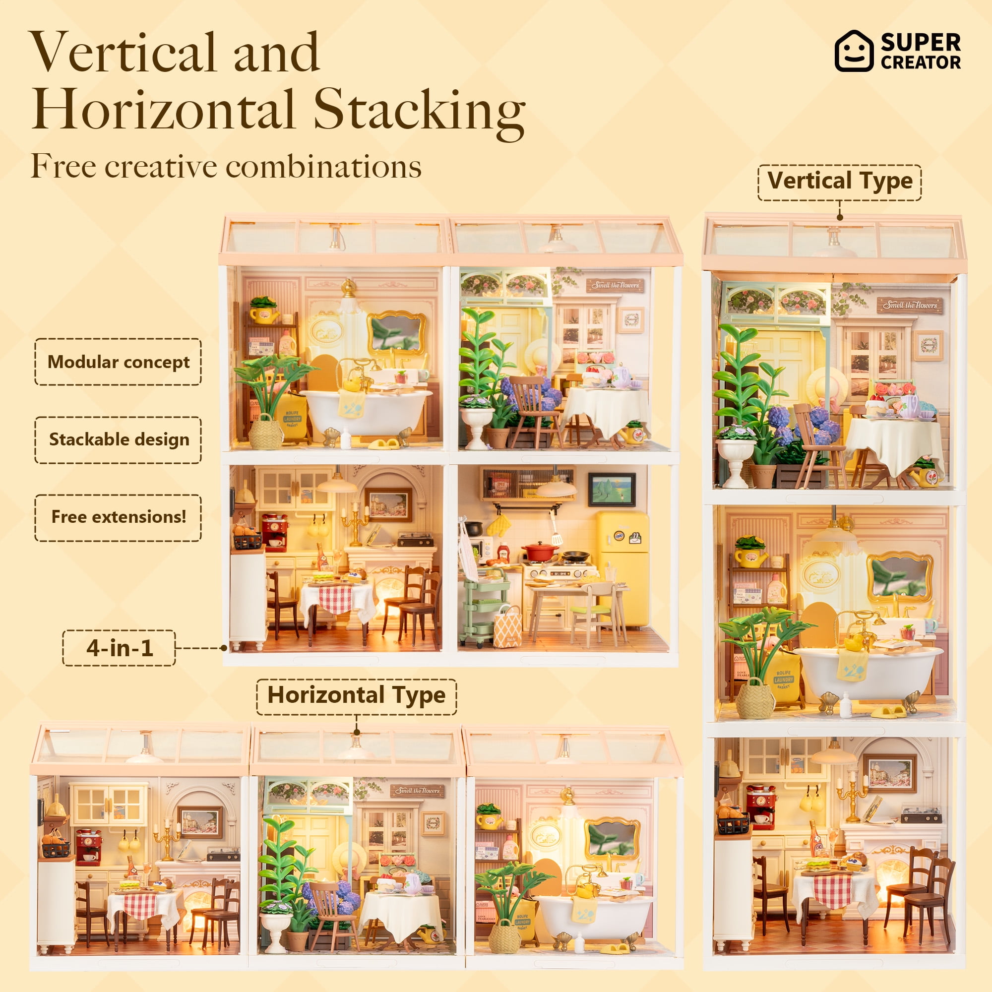 ROBOTIME Super Creator DIY Miniature Dollhouse Kit-Blooming Tea Garden,Plastic Tiny House Building Set Craft Kits,Gifts for Teens Adults