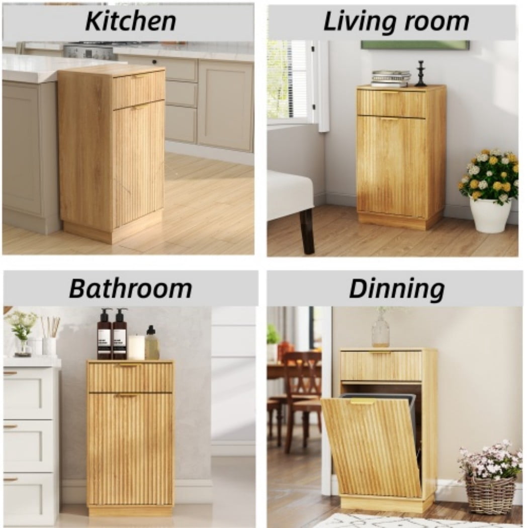 10 Gallon Tilt-Out Trash Can Cabinet, Woodgrain Garbage Recycling Cabinet with Wave-Textured Drawer & Pull-Out Bin, Oak Kitchen Organizer, Oak