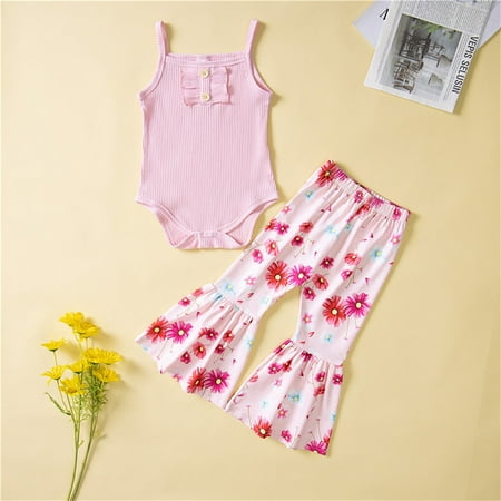 

dmqupv Baby Girl Ruffle Set Toddler Baby Girl Outfit Spaghetti Straps Top Flower Flared Tennis Clothes for Girls for Winter Pink 3-6Months