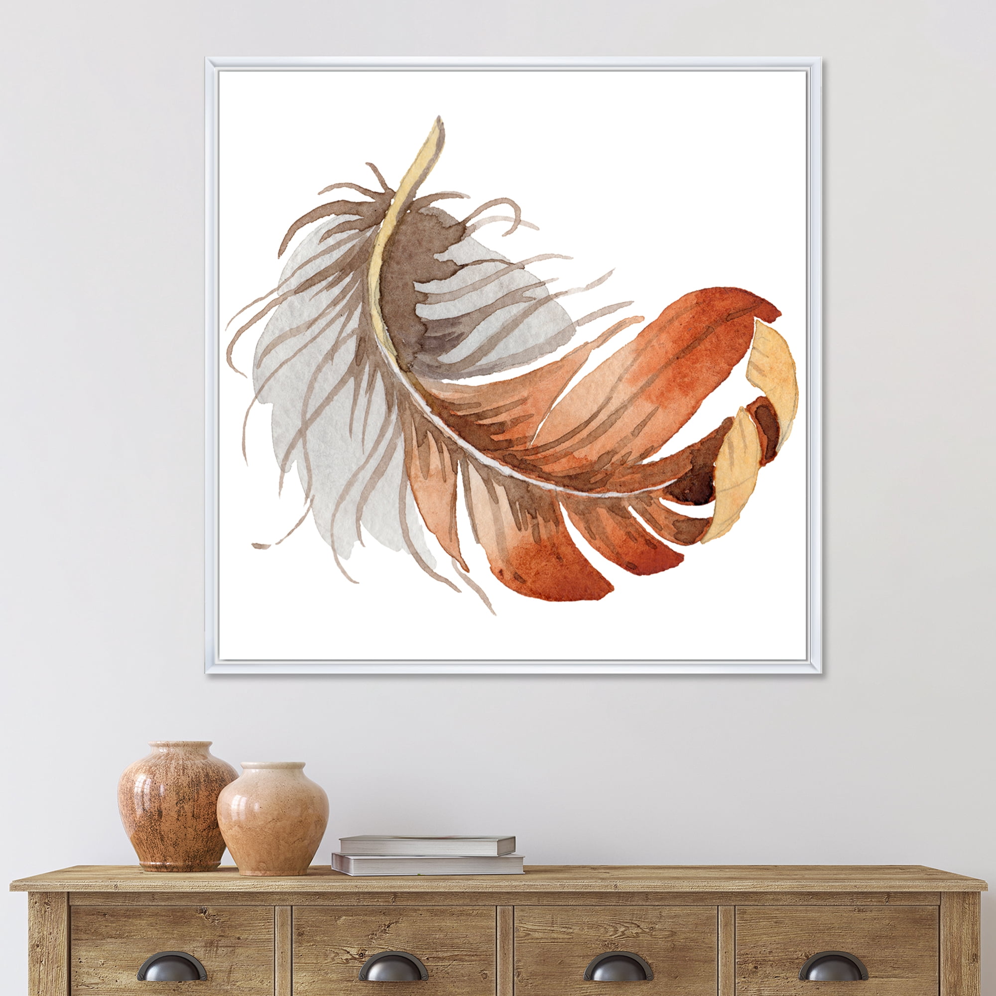 Designart 'Orange Ethnic Bird Feather On White' Bohemian & Eclectic Framed Canvas Wall Art Print