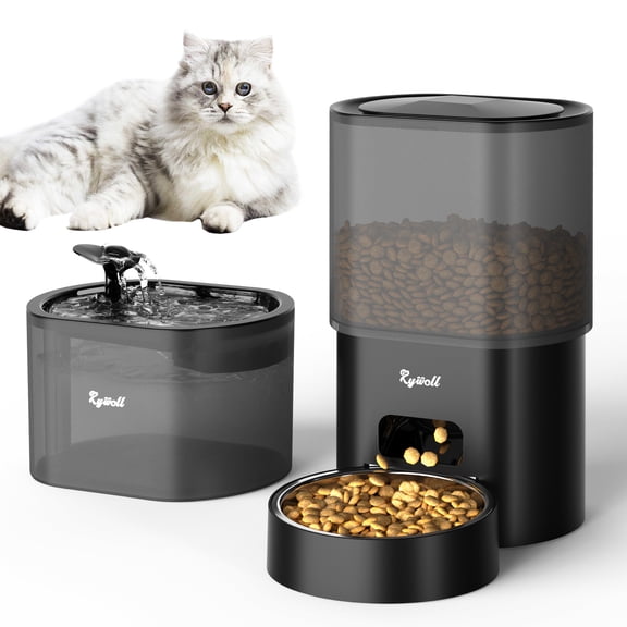 Rywell Automatic Cat Feeder with Water Dispenser, 2-in-1 Feeding Set with Feeding Schedule & Voice Recorder, Dual Power Supply, Auto Cat Food Dispenser for Cat