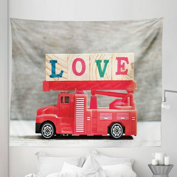Vintage Trucks Tapestry, Themed Photo of a Toy Vehicle Carry Love Art, Fabric Wall Hanging Decor for Bedroom Living Room Dorm, 5 Sizes, Dark Coral Multicolor, by Ambesonne