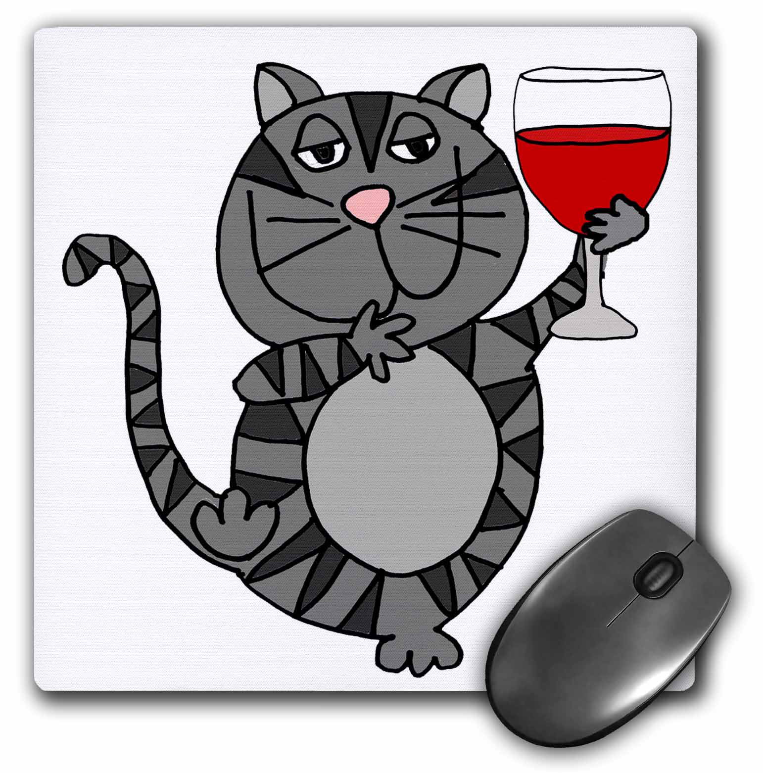 3dRose Cute Funny Gray Tabby Cat Drinking Wine Cartoon - Mouse Pad, 8 by  8-inch 