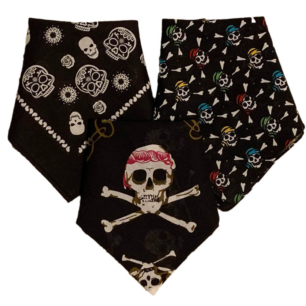 3 Pack of New Skull Bandana 100 % Cotton 21" x 21"    biker head wrap scarf 