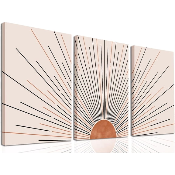Boho Sun Wall Art Set of 3 Framed Canvas Wall Art Sun Rising on the Horizon Geometric Nature Black Line Mid-Century Modern Prints Boho Sun Wall Decor for Living Room, Bathroom, Bedroom(12"x16")