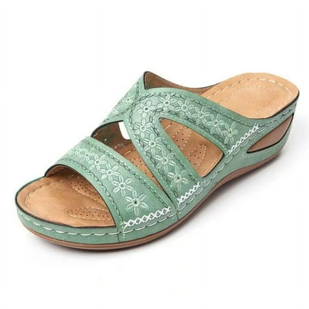 

XWQWJH Womens Comfort Wedge Slide Sandals Open-Toe Low Heel Non-Slip Bohemian Flat Sandal Summer Slippers for Women