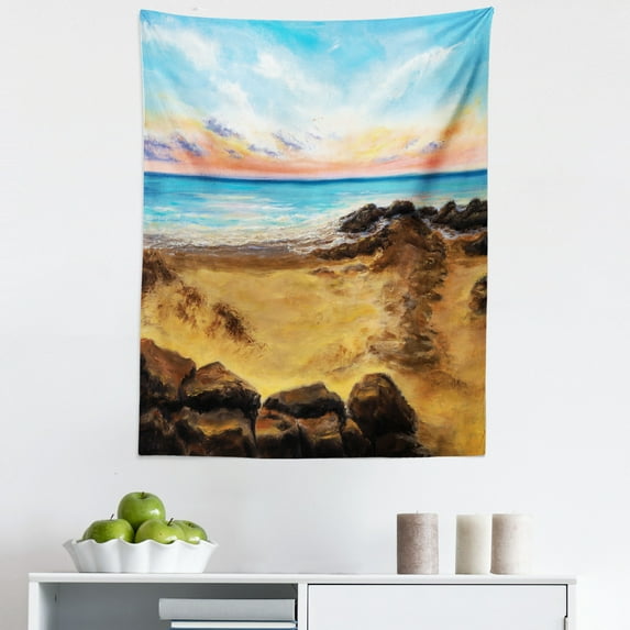 Beach Tapestry, Pastel Salmon Sunset Over the Horizon Sandy Rocks Ocean Seascape Print, Fabric Wall Hanging Decor for Bedroom Living Room Dorm, 5 Sizes, Blue Mustard and Brown, by Ambesonne
