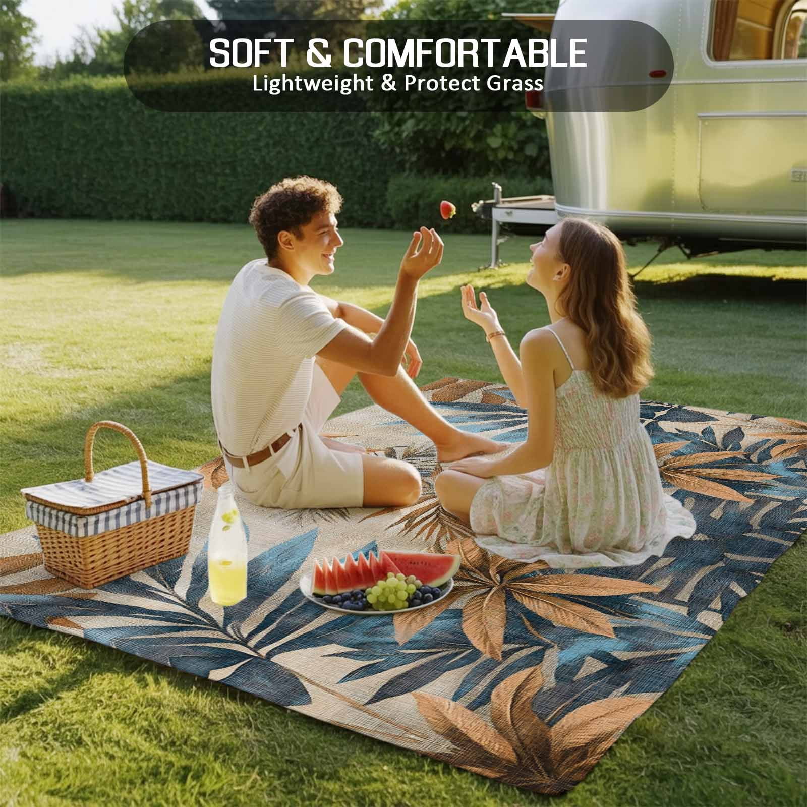 Fsddascl Navy Blue Brown Outdoor Rug for Patio/Deck/Porch, Non-Slip Large Area Rug 4 x 6 Ft, Retro Tropical Botanical Palm Leaves Indoor Outdoor Rugs Washable Area Rugs, Camping Rug Carpet
