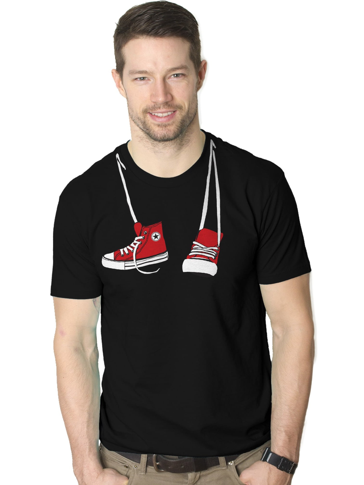 t shirt with converse shoes around neck