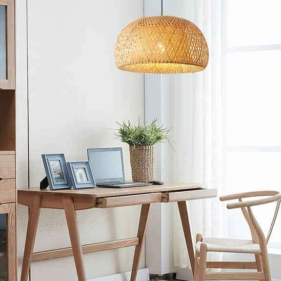 Handwoven Bamboo Pendant Light, 15" Natural Rattan Hanging Ceiling Lamp Shade, E27 Base, Boho Light Fixture for Bedroom, Living Room, Dining Room