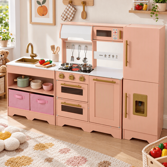 LAZY BUDDY 3 in 1 Wooden Pretend Play Kitchen for Kids, 3-Piece Modular Kitchen Playset Toddler Interactive Toy Gift