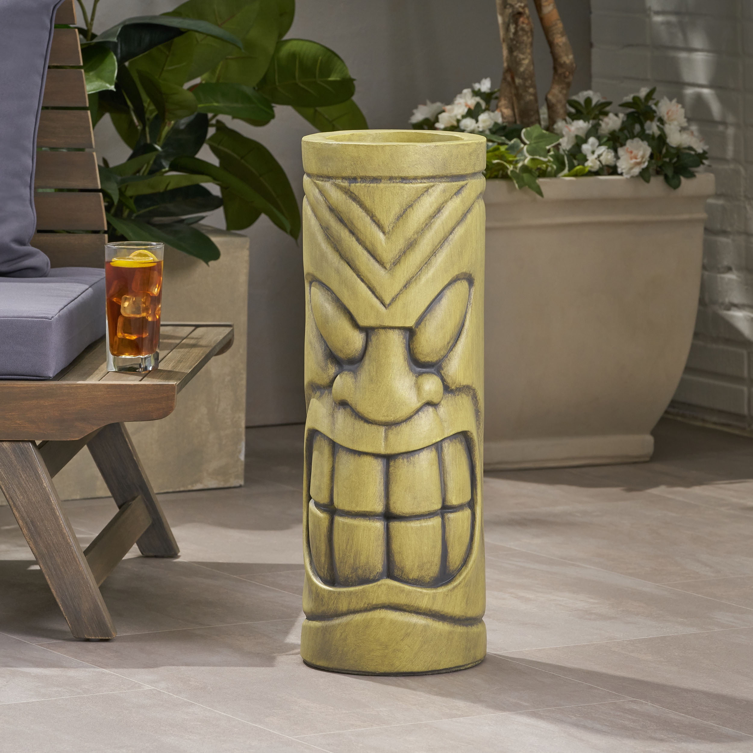 Mintazer Tiki Totem Tall Outdoor Planter, Polynesian Stone Statue Cylindrical Plant Pot with Drainage Hole for Patio Backyard Garden