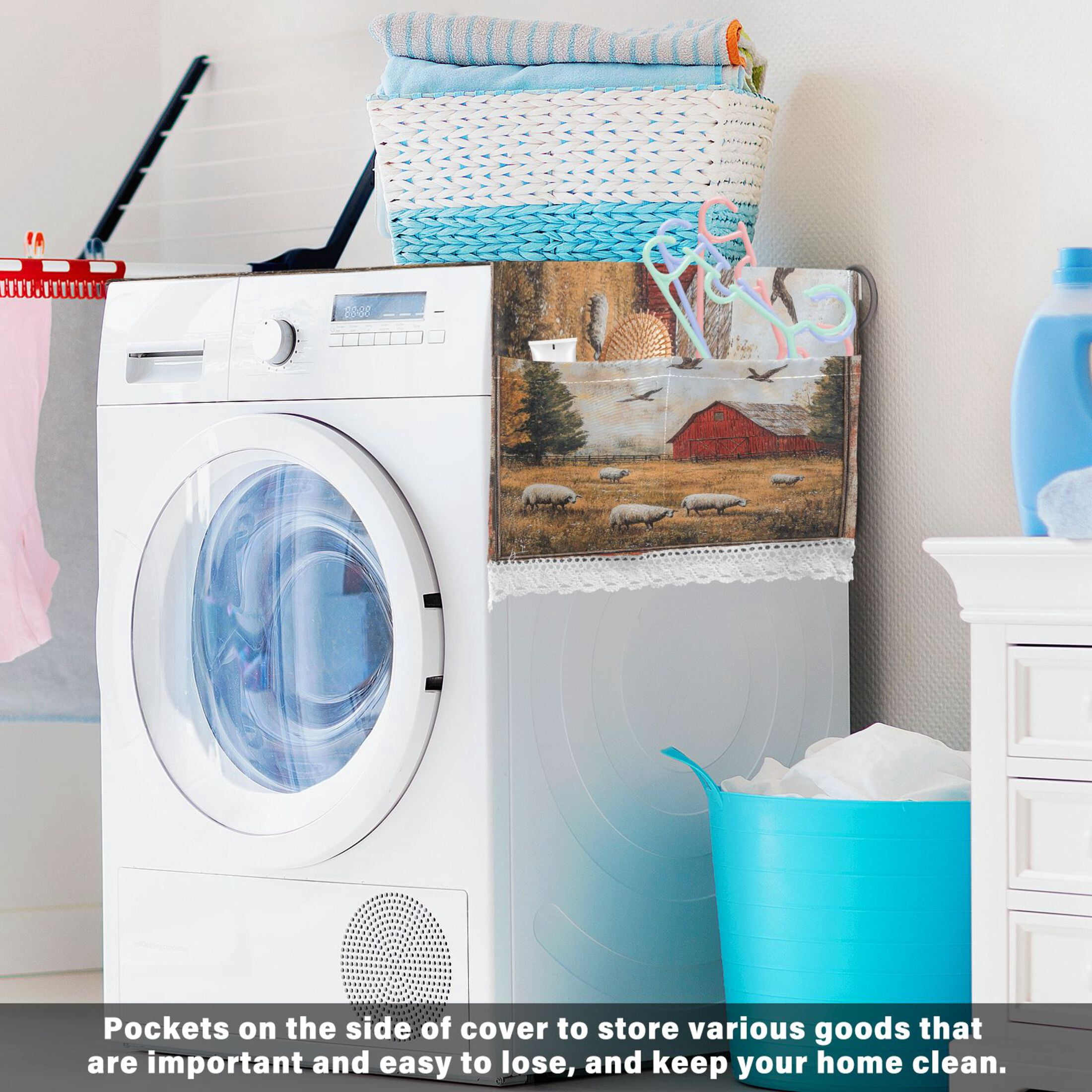 Sheep PastureWasher and Dryer Covers Dust-Proof and Oil Resistant Fridge Cover with 4 Storage Pockets Washing Machine Top Cover for Laundry Kitchen Home 51.2 x 22 In