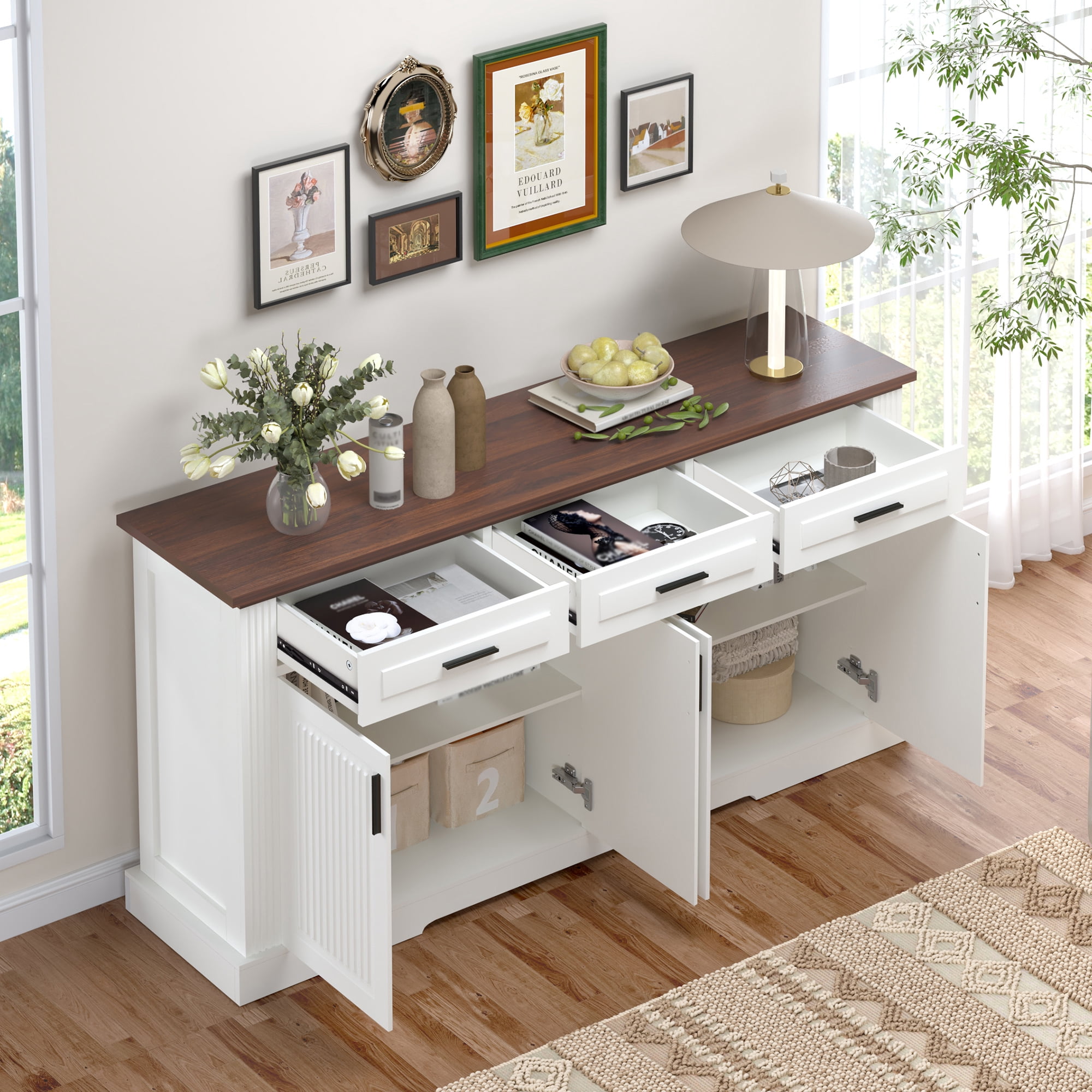 Mintazer 63" Fluted Sideboard Buffet Cabinet with Storage, Kitchen Storage Console Table with 4 Doors and 3 Drawers, Modern Coffee Bar Station for Entryway Kitchen Living Room Dining Room, White