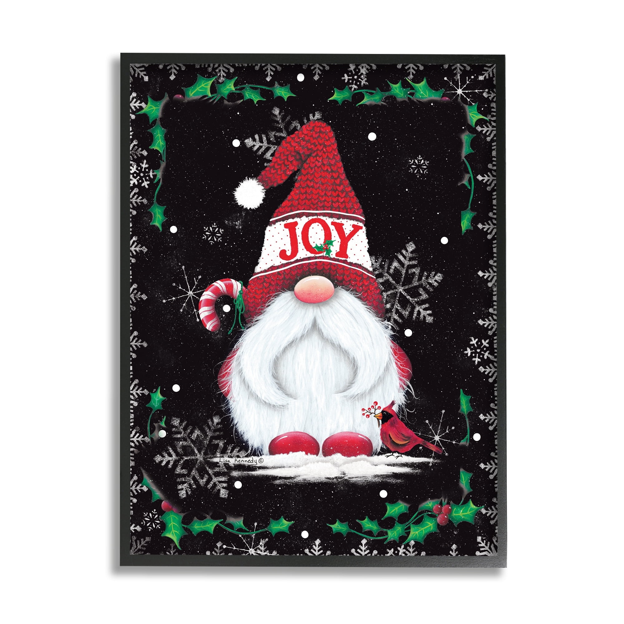 Joyful Red Gnome & Cardinal Holly Botanical Border Fairy Tales & Fantasy Graphic Art Framed Art Print Wall Art