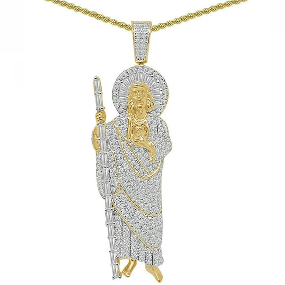 Baguette 22 Grams Real Silver Saint Jude San Judas Jesus Pendant Charm Chain Yellow Gold Finish