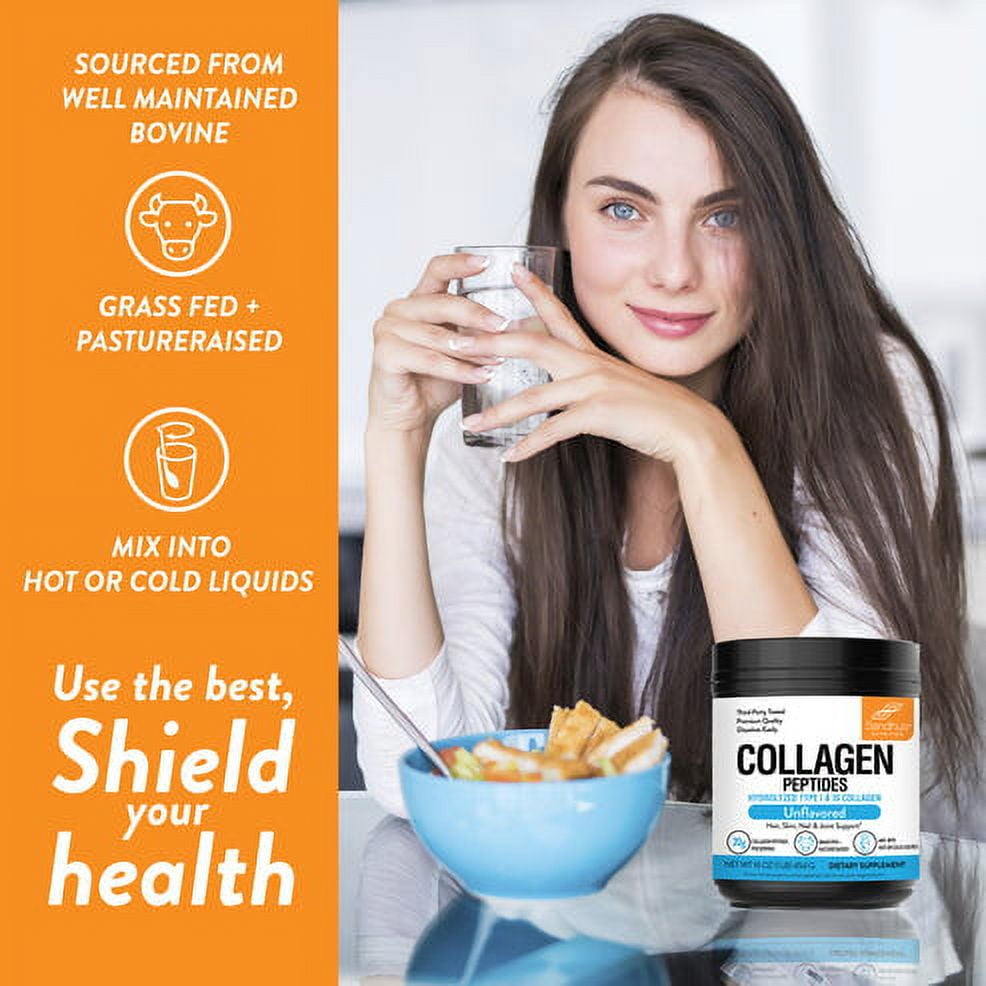 Sandhu's Hydrolyzed Grass Fed Collagen Peptides Powder, Unflavored, 20g Collagen per Serving, 1lb