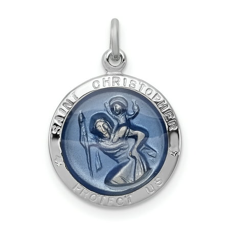 Blue Saint Christopher Protect Us Words Medal Charm In 925 Sterling Silver 20x15mm